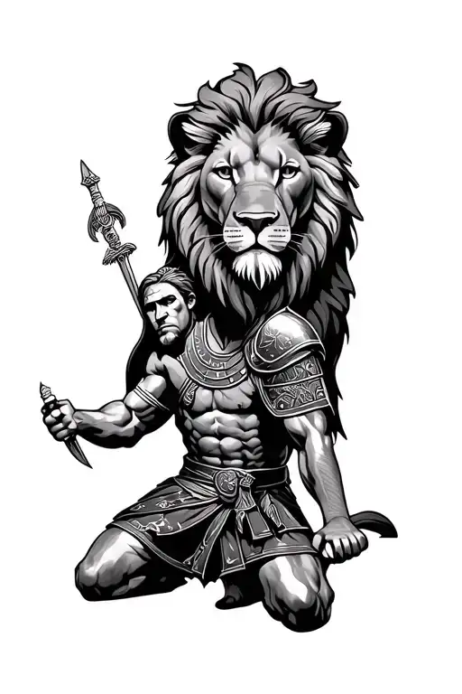 lion and a roman soldier kneeling tattoo design idea