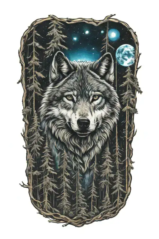 wolf blue eyes howling forest landscape tattoo design idea