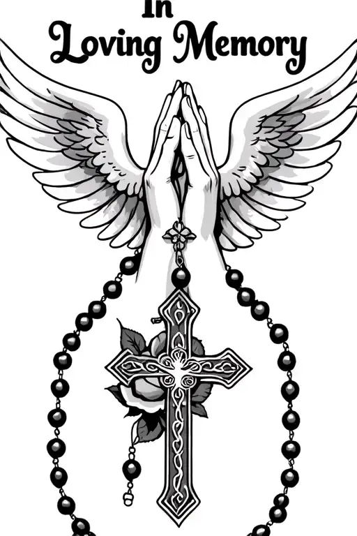 "In Loving Memory" Praying Hands, Rosary beads intertwined with cross, Wings, Realism, Rose tattoo design idea