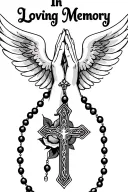 "In Loving Memory" Praying Hands, Rosary beads intertwined with cross, Wings, Realism, Rose tattoo design idea