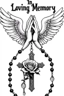 "In Loving Memory" Praying Hands, Rosary beads intertwined with cross, Wings, Realism, Rose tattoo design idea