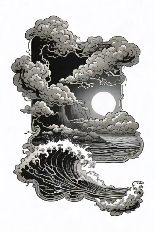 inside a black rectangle frame a realistic scene of dark stormy ocean with high contrast clouds  tattoo design idea