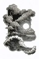 inside a black rectangle frame a realistic scene of dark stormy ocean with high contrast clouds  tattoo design idea
