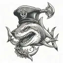 great white shark with an anchor in its mouth and a navy sailor hat on its head tattoo design idea