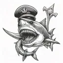 great white shark with an anchor in its mouth and a navy sailor hat on its head tattoo design idea