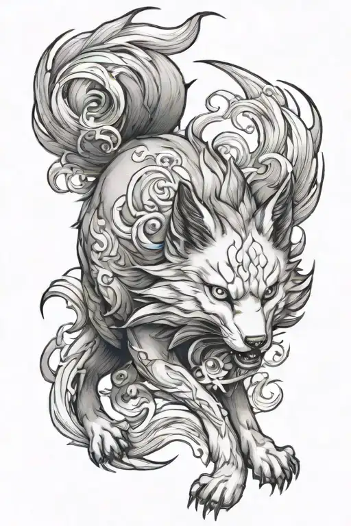 Create a realistic, black-and-white Japanese-style tattoo design of a Kitsune, with a fierce and lifelike appearance, in tattoo design idea
