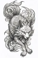 Create a realistic, black-and-white Japanese-style tattoo design of a Kitsune, with a fierce and lifelike appearance, in tattoo design idea