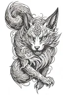Create a realistic, black-and-white Japanese-style tattoo design of a Kitsune, with a fierce and lifelike appearance, in tattoo design idea