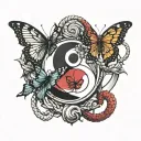 yin yang symbol above an anchor which is between a butterfly  tattoo design idea
