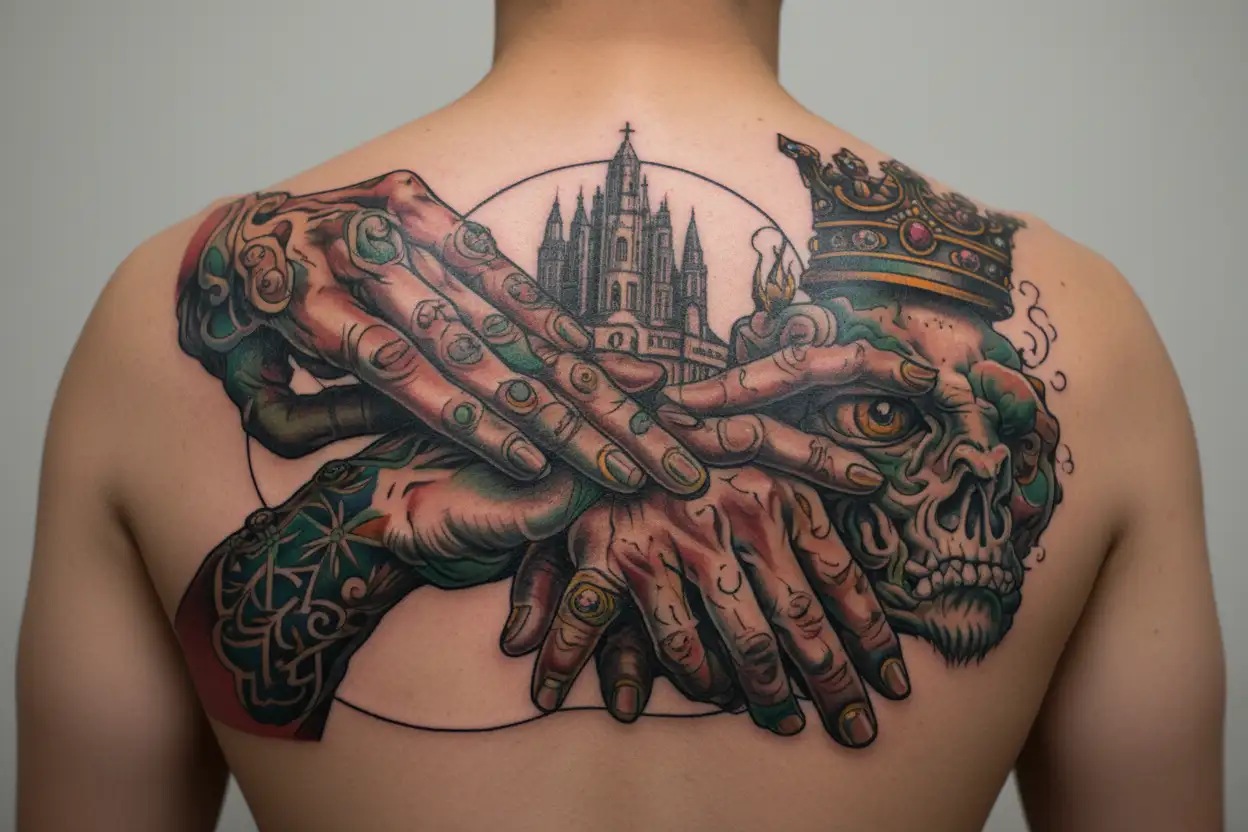 the creation of Adam hands reaching for a home crown which starts to melt over the right eye of zeus' face tattoo design idea