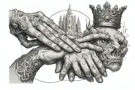 the creation of Adam hands reaching for a home crown which starts to melt over the right eye of zeus' face tattoo design idea