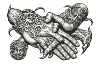 the creation of Adam hands reaching for a home crown which starts to melt over the right eye of zeus' face tattoo design idea