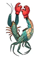a mantis shrimp with red boxing gloves on his hands holding them up to fight a cuttlefish standing next to him tattoo design idea