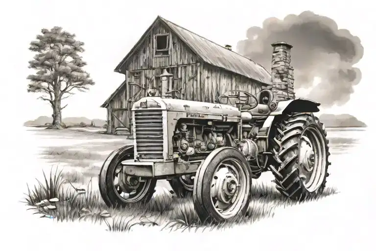 tractor barn field realistic tattoo design idea