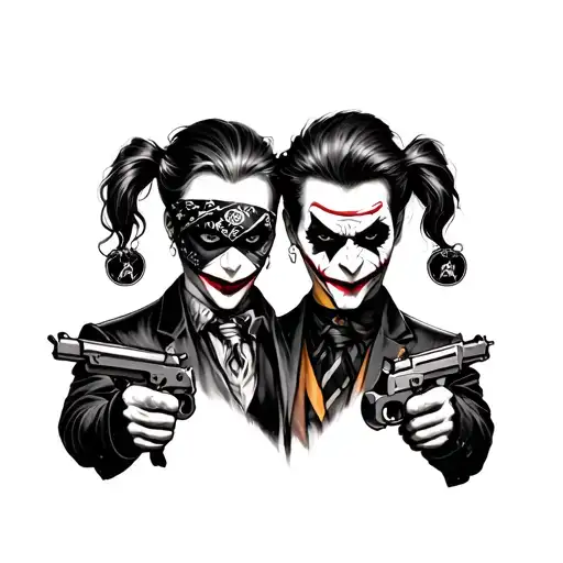 harley quin and joker with bandana face masks and guns tattoo design idea