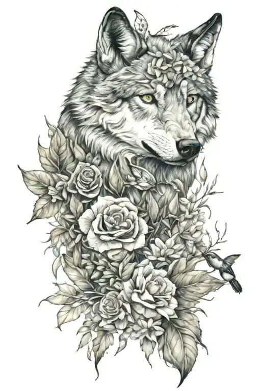 wolf head, flowers, insects hidden among the foliage and birds tattoo design idea