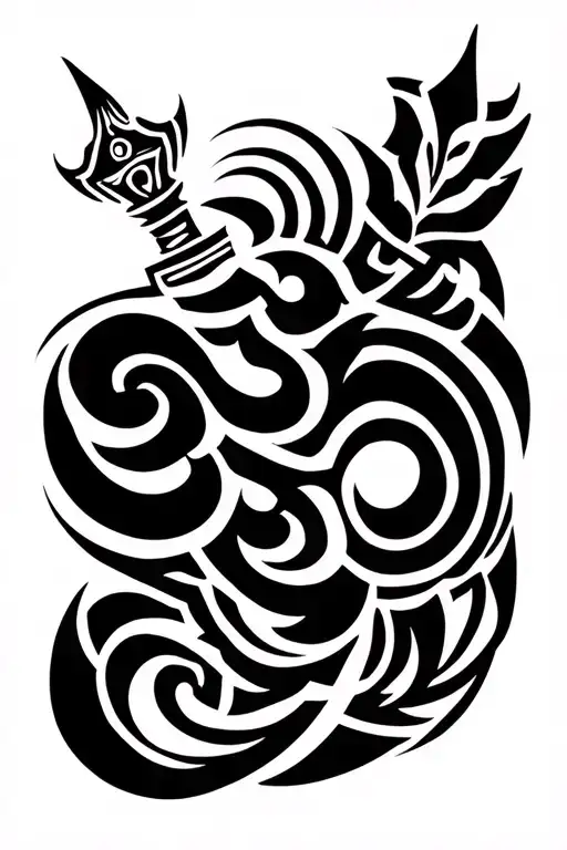 Tamil om symbol intertwined within trishula weapon tattoo design idea