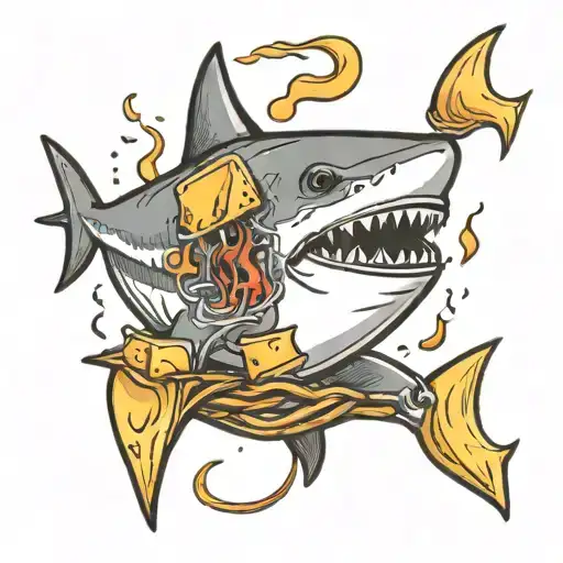 a shark with down syndrome chasing a grilled cheese sandwich on a fishing hook  tattoo design idea