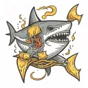 a shark with down syndrome chasing a grilled cheese sandwich on a fishing hook  tattoo design idea
