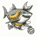 a shark with down syndrome chasing a grilled cheese sandwich on a fishing hook  tattoo design idea