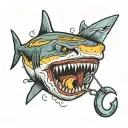a shark with down syndrome chasing a grilled cheese sandwich on a fishing hook  tattoo design idea