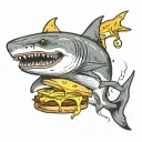 a shark with down syndrome chasing a grilled cheese sandwich on a fishing hook  tattoo design idea