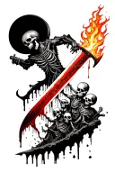flaming sword piercing a hil of skeletons with blood running off the sword on to the hill in gothic style  tattoo design idea