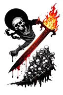 flaming sword piercing a hil of skeletons with blood running off the sword on to the hill in gothic style  tattoo design idea
