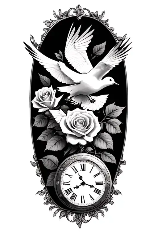 doves, roses, clocks tattoo design idea