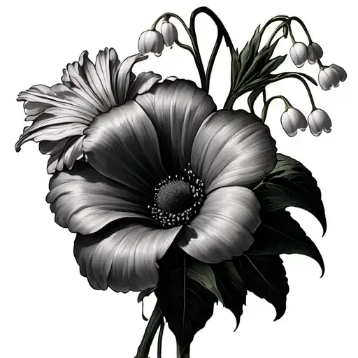 lily of the valley, daisy, morning glory fine line  tattoo design idea