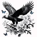 Japanese cherry blossoms, and butterflies flying eagle tattoo design idea