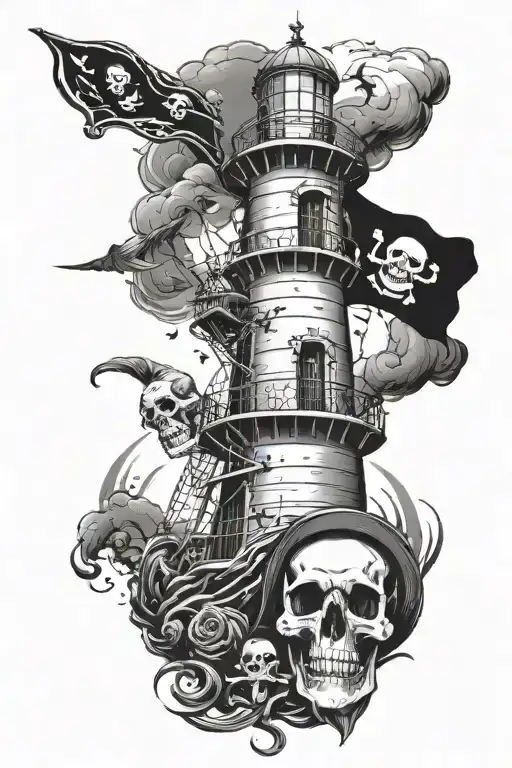 A gloomy old lighthouse, with skulls, dark sea, fish and skeleton and and and pirate flag  tattoo design idea
