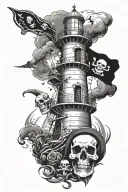 A gloomy old lighthouse, with skulls, dark sea, fish and skeleton and and and pirate flag  tattoo design idea