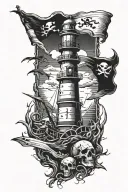 A gloomy old lighthouse, with skulls, dark sea, fish and skeleton and and and pirate flag  tattoo design idea