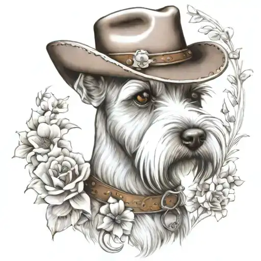 wheaten female schnauzer with cowgirl hat and brown eyes and a collar with flowers  with western background tattoo design idea
