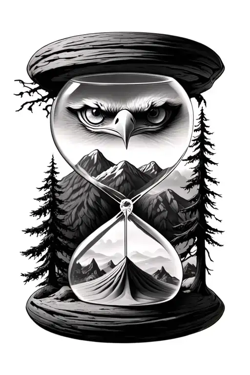 eagle eyes behind trees with hour glass with sand and mountain on background and a peace in black, grey  tattoo design idea