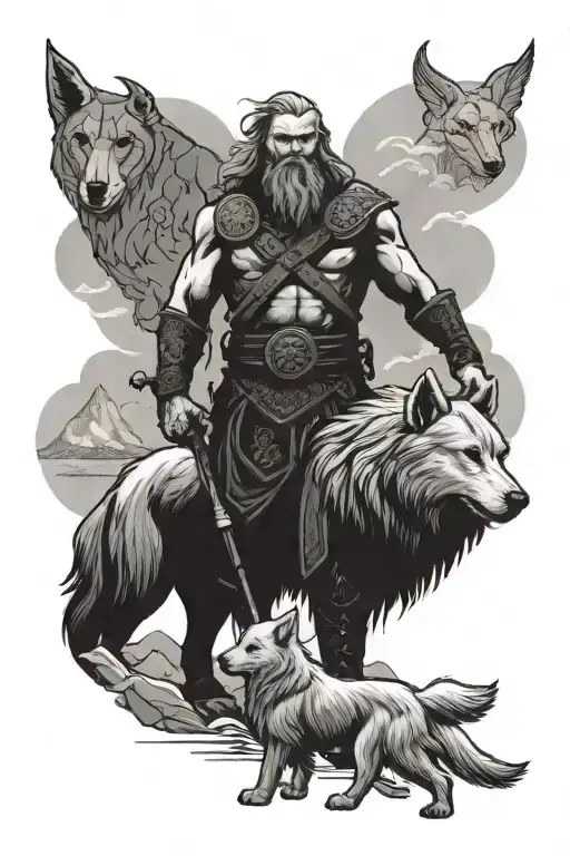 Nordic deity Tyr, in front of a typical Nordic landscape, accompanied by a Samoyed dog sitting at his side tattoo design idea