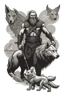 Nordic deity Tyr, in front of a typical Nordic landscape, accompanied by a Samoyed dog sitting at his side tattoo design idea