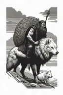 Nordic deity Tyr, in front of a typical Nordic landscape, accompanied by a Samoyed dog sitting at his side tattoo design idea