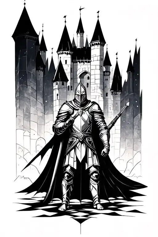 dark fantasy with a castle and a knight holding tattoo design idea