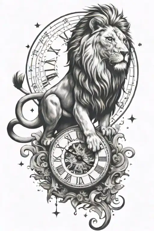 lion on top of a clock surrounded by stars  tattoo design idea