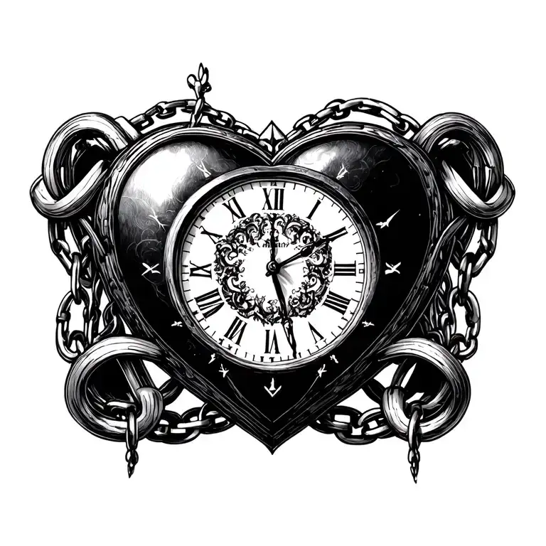 "Mélanie" clock heart chains tattoo design idea