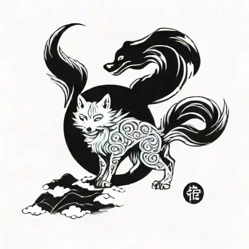 9 tailed fox, walking down to hill, surrounded by japanese clouds almost shadowing, shown full body from top, ukiyo-e tattoo design idea
