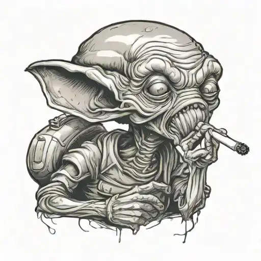 little realistic alien smoking blunt wearing a shirt  tattoo design idea