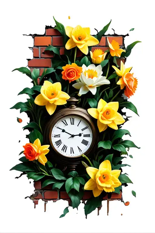 brick wall with shading, clock busting through with daffodils & yellow roses , yellow and orange water lily tattoo design idea