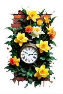 brick wall with shading, clock busting through with daffodils & yellow roses , yellow and orange water lily tattoo design idea