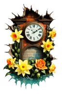brick wall with shading, clock busting through with daffodils & yellow roses , yellow and orange water lily tattoo design idea
