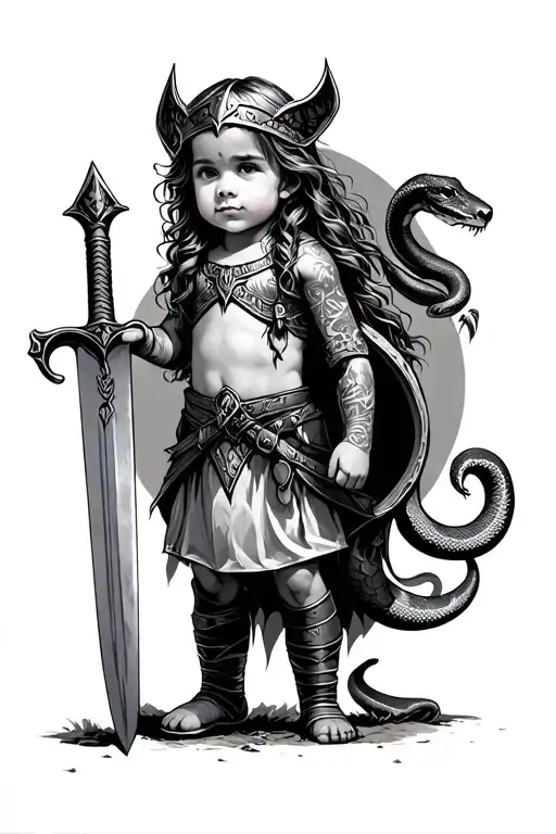 young Valkyrie toddler standing with oversized sword and a pet snake in the other hand tattoo design idea