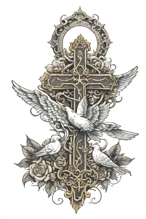 cross intertwined with zeus face. Doves and the sun behind it tattoo design idea