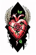Broken heart with a rose through the middle with wings tattoo design idea